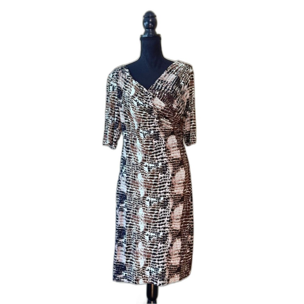 Connected Apparel Women's Size Faux Wrap Dress Animal Abstract Brown Tan Size 14